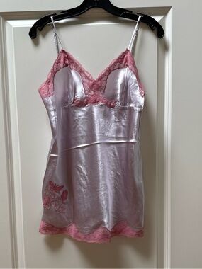 Gold Hawk 100% Silk Lilac Camisole with Pink Lace & Floral Embroidery
